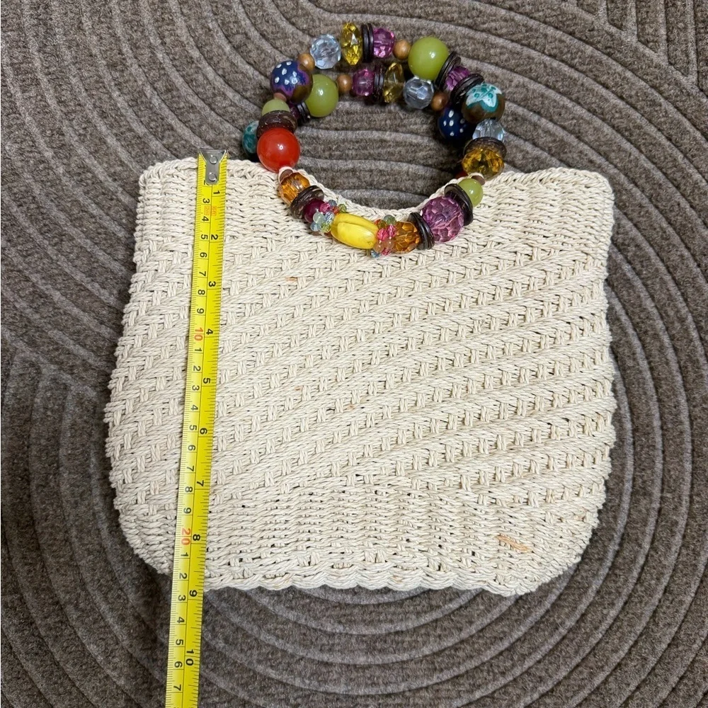 Cream Woven Clutch with Colorful Beaded Handle